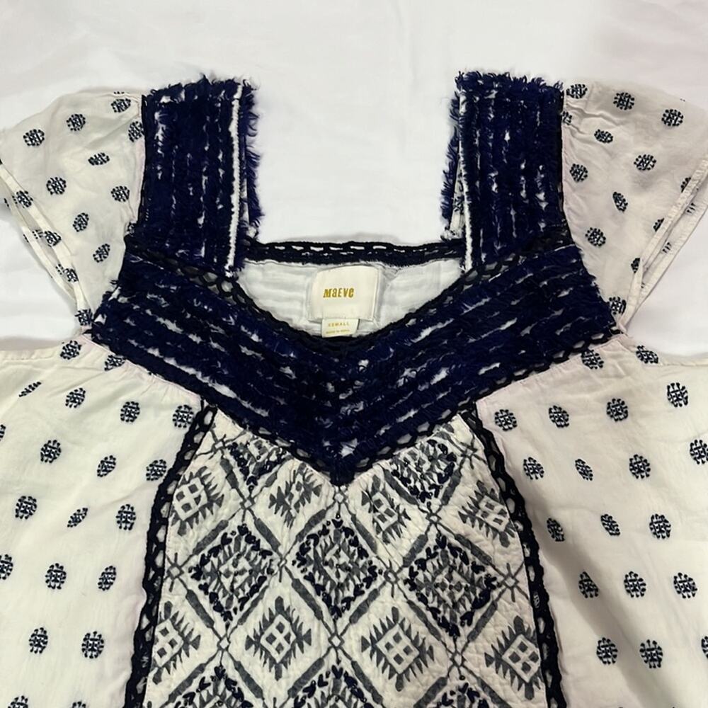 Maeve Anthropologie Coastal Nautical Embroidered Aztec Blouse Size XS Summer Top - Picture 2 of 8